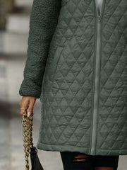 Army green teddy and quilted hybrid coat with diamond quilting and fuzzy sleeves.