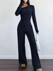 Chic One-shoulder Asymmetrical Top & Wide-leg Pants Set in Burgundy, view 16