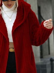 Textured teddy hooded open coat in wine with ribbed sleeves and open front.