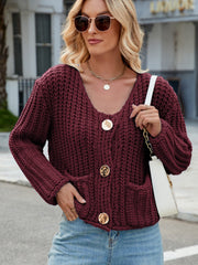 Burgundy chunky knit cardigan with gold buttons and pockets