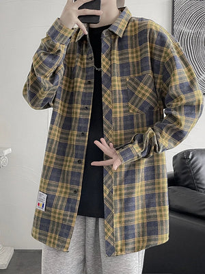 Men's Plus Size Plaid Button Up Shirt in Dark Gray, front view