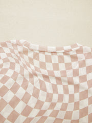 Beige checkered mesh crew neck t-shirt with a soft, comfortable feel.