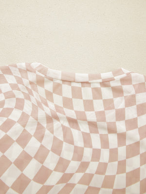 Beige checkered mesh crew neck t-shirt with a soft, comfortable feel.