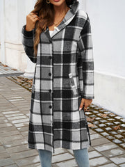 Checked plaid hooded duster coat with button front and pockets