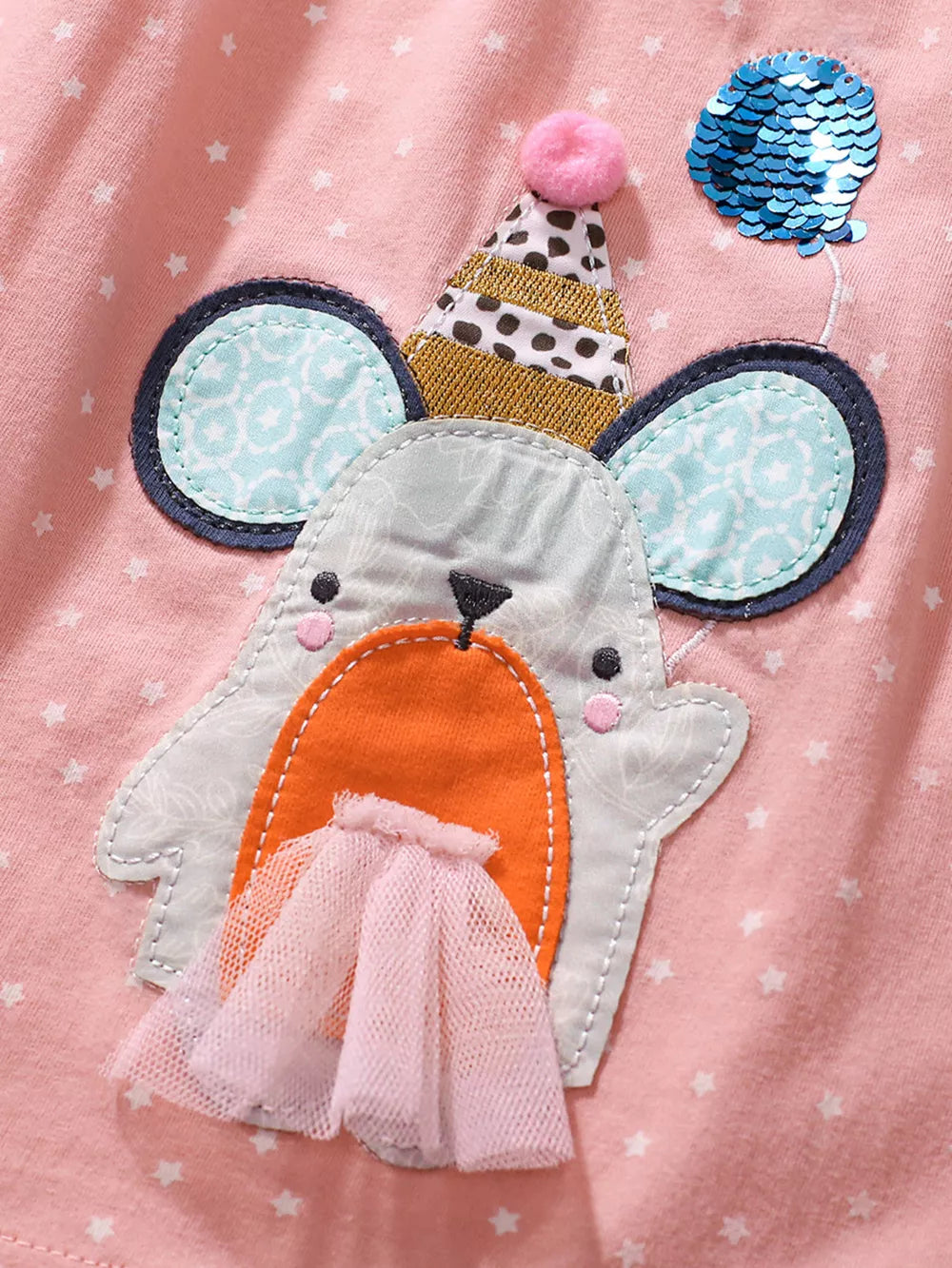 Charming cartoon mouse applique dress in blush pink cotton blend with polka dots and stars.