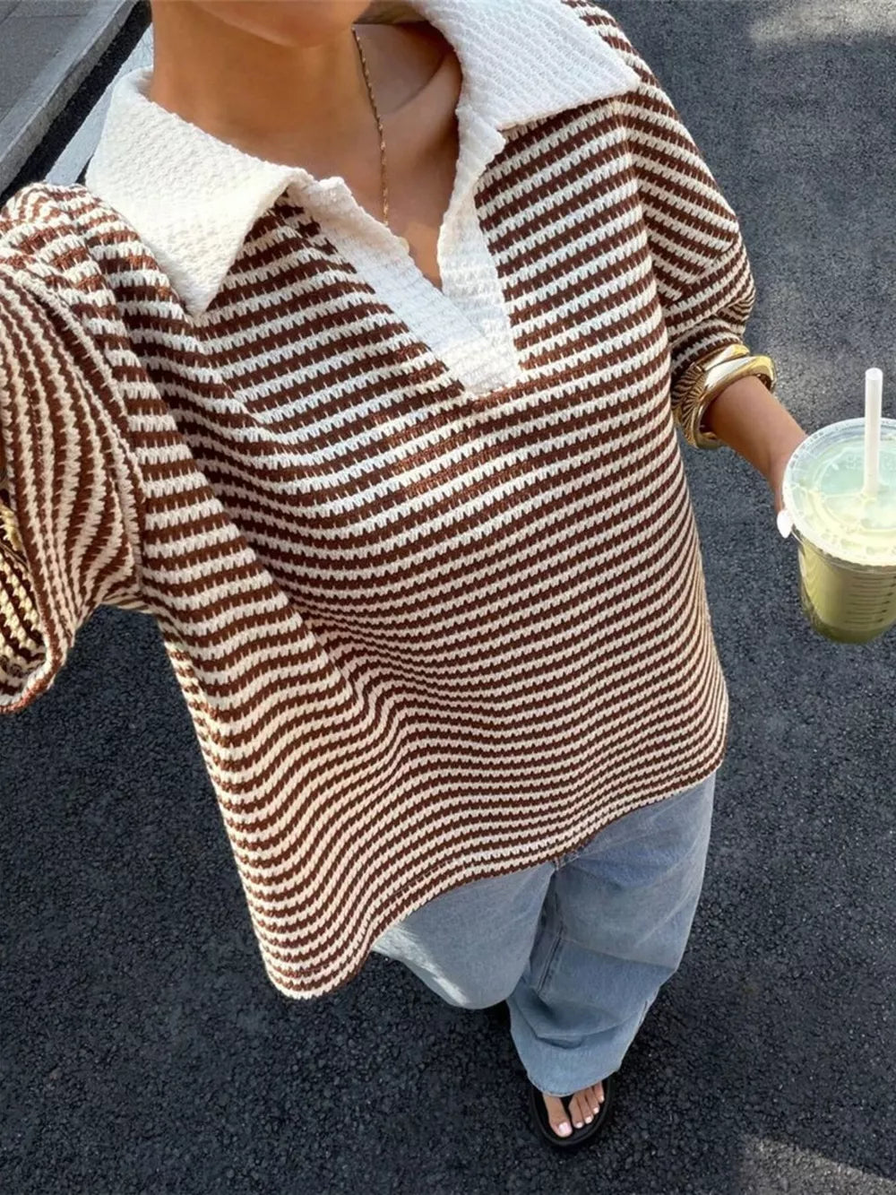 Striped Knit 3/4 Sleeve Polo Top in Brown, close-up detail