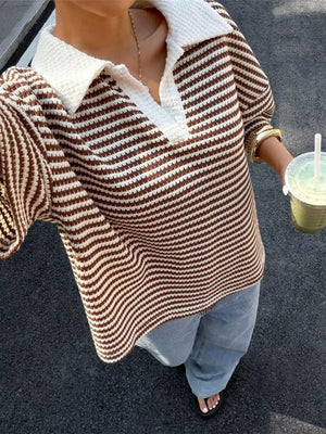 Striped Knit 3/4 Sleeve Polo Top in Brown, close-up detail