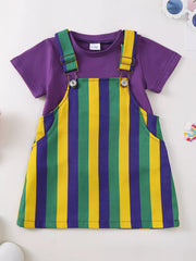 Baby overall dress and tee set with purple tee and striped green, yellow, purple dress.