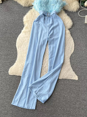 Strapless wide-leg jumpsuit in blue with feather trim and belt detail