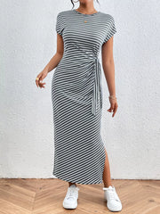 Elegant Striped Midi Dress With Tie Detail