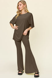Mocha oversized tee and flare leg pants set with short sleeves and round neckline.