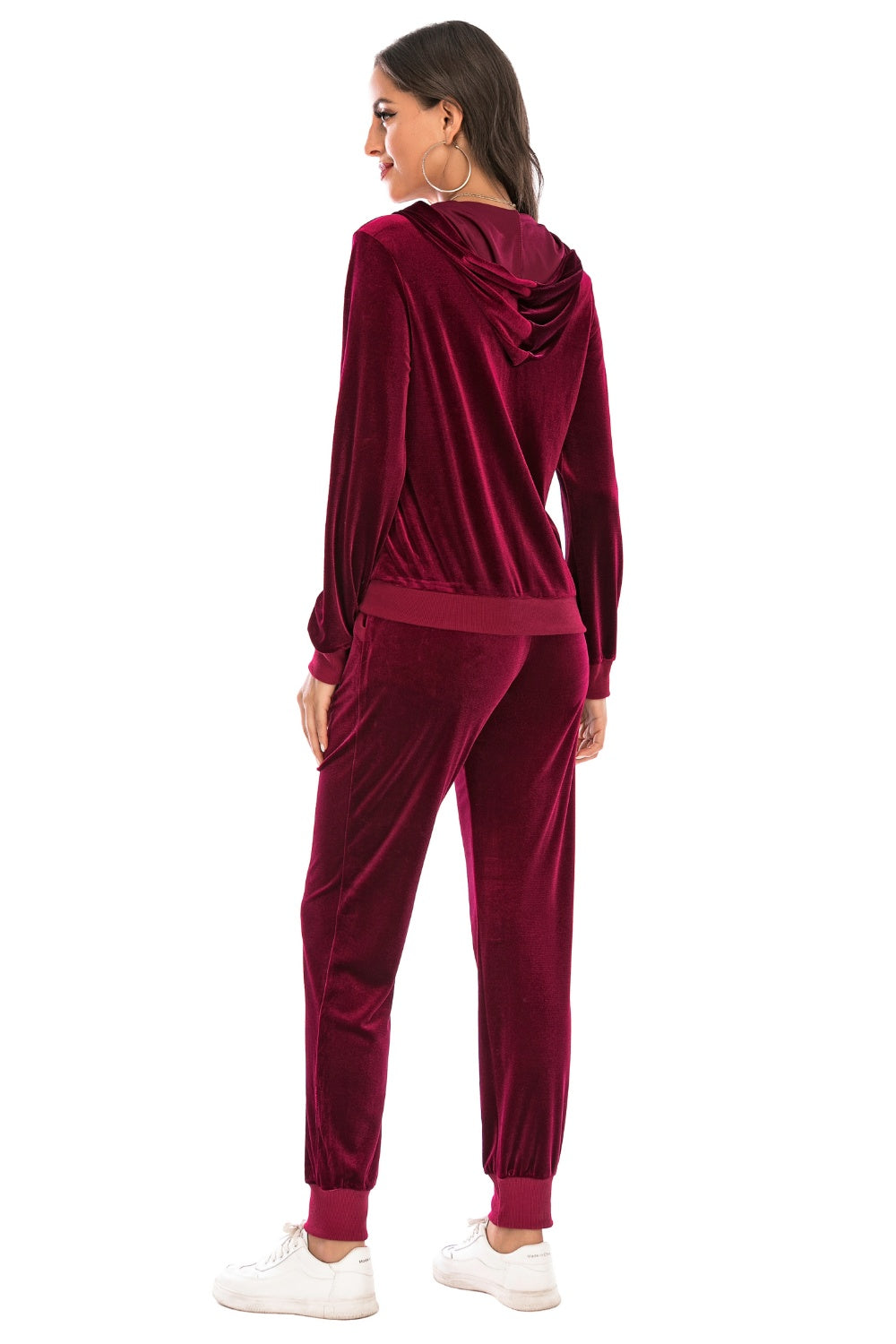 Velvet loungewear set in Wine, with a hooded jacket and cuffed joggers.