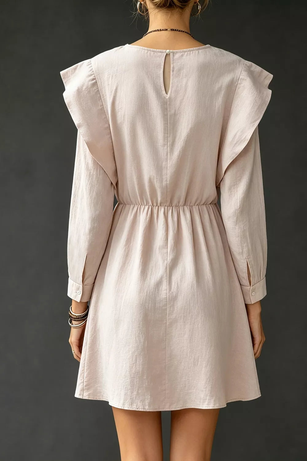 Ruffled Round Neck Long Sleeve Dress in Eggshell, side view