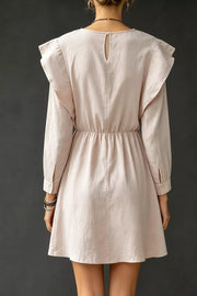 Ruffled Round Neck Long Sleeve Dress in Eggshell, side view