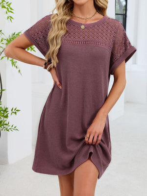 Mauve t-shirt dress with sheer lace yoke and short sleeves, above the knee length.