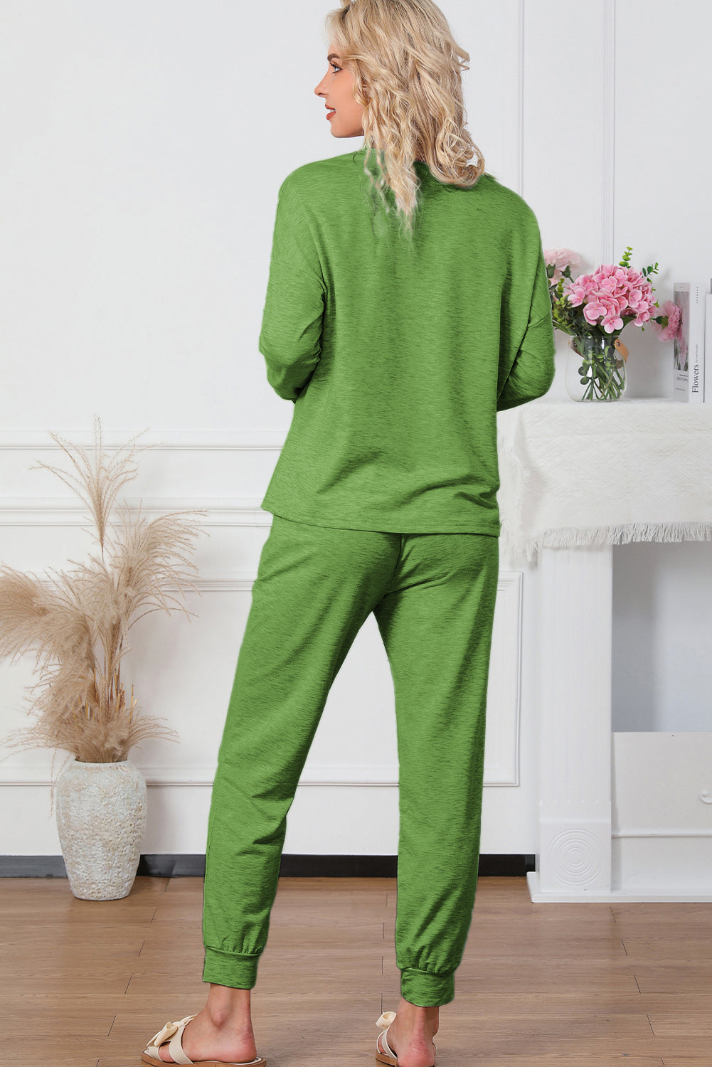 Mid Green plush lounge set with relaxed fit joggers and long sleeve top.