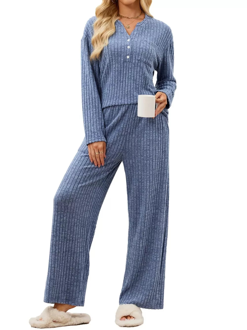 dusty blue pajama set with ribbed and henley