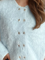 Fluffy double-breasted knit cardigan in Mint Blue with heart-shaped buttons.