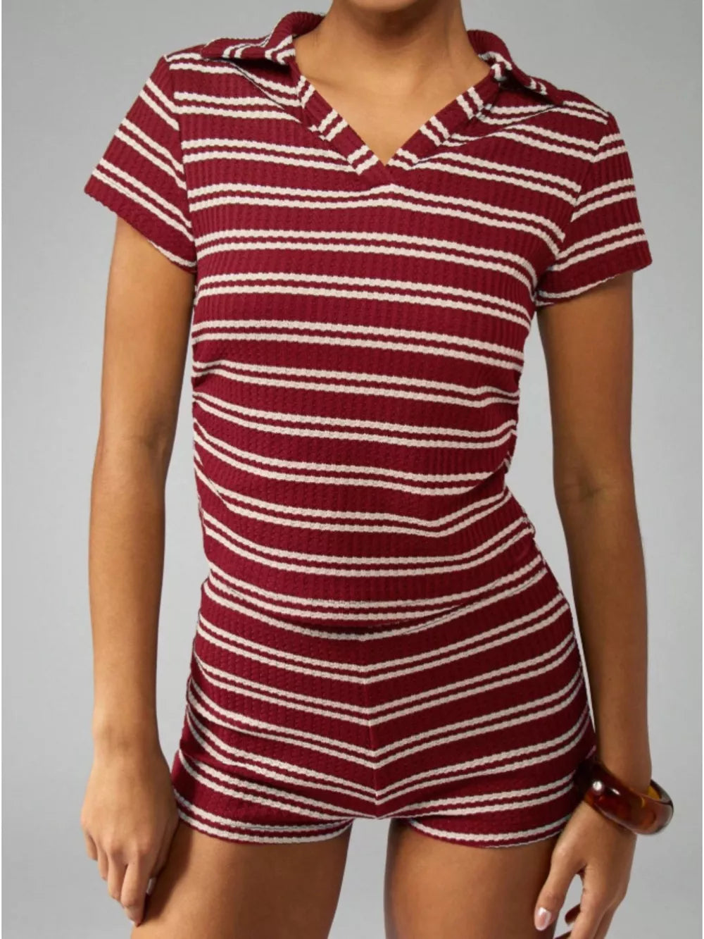 Burgundy striped knit two-piece set with collar and short sleeves