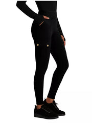 Black maternity active pants with cargo pockets and gold button details.