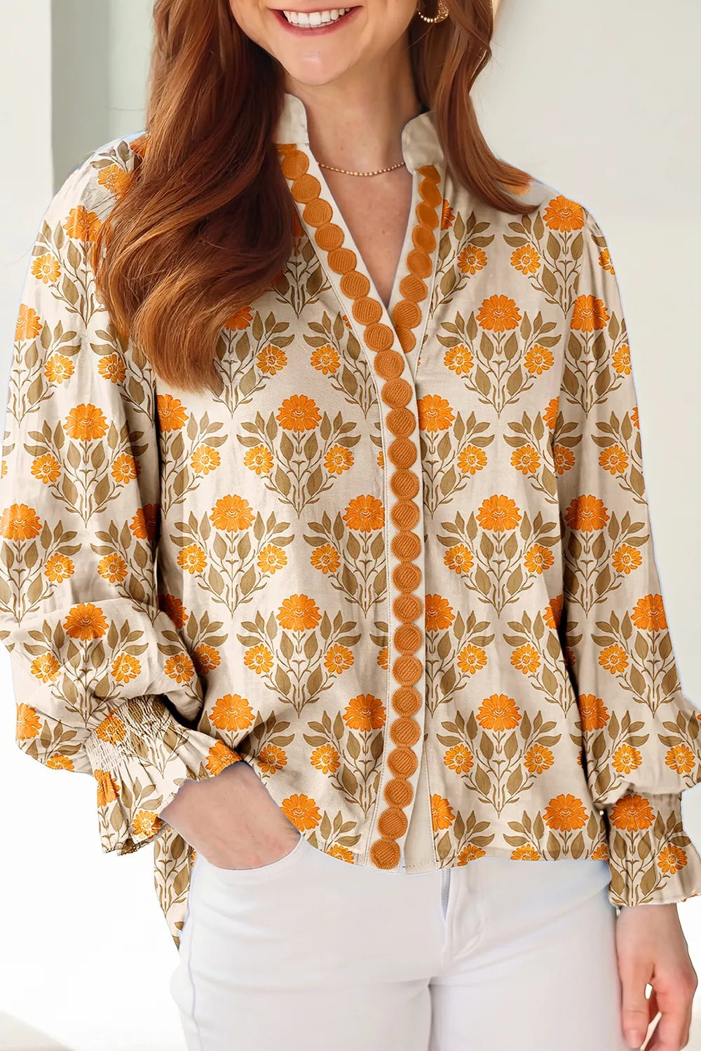 Floral Print V Neck Long Sleeve Top in Sherbet, front view