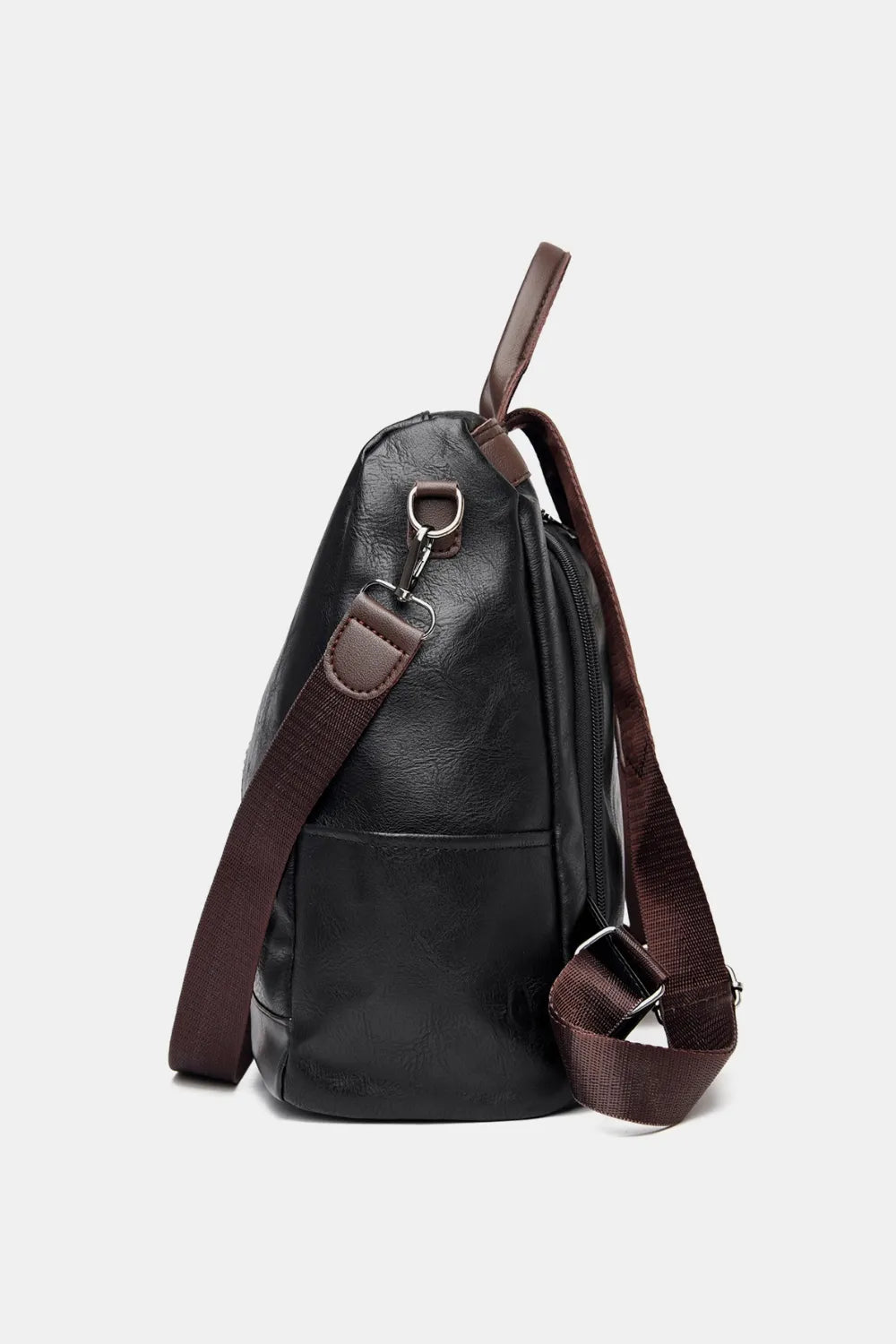 Black structured leather convertible backpack with brown strap details