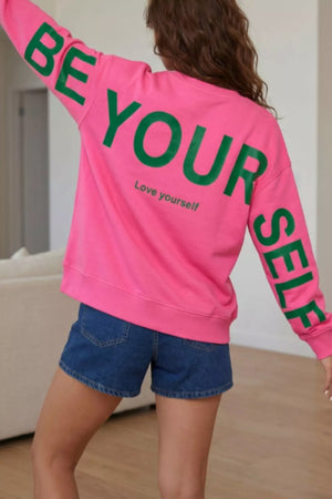 Slogan Print Round Neck Long Sleeve Sweatshirt in Hot Pink, side view