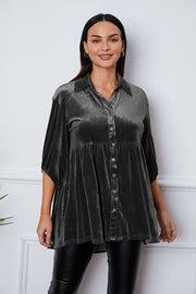 Tiered velvet button-down tunic in charcoal with a collared neckline and short sleeves.