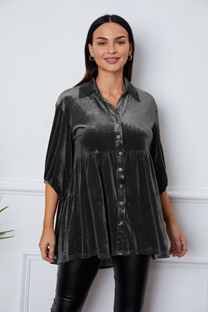 Tiered velvet button-down tunic in charcoal with a collared neckline and short sleeves.