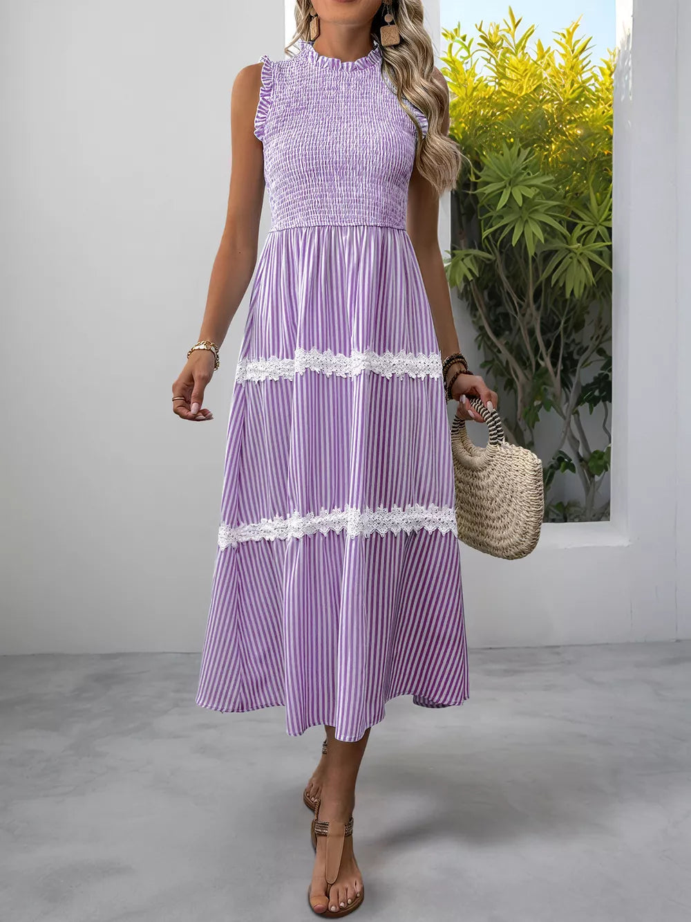 Purple striped midi dress with smocked bodice and lace trim detail
