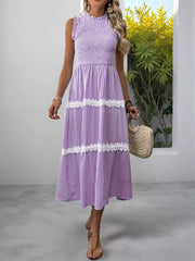 Purple striped midi dress with smocked bodice and lace trim detail