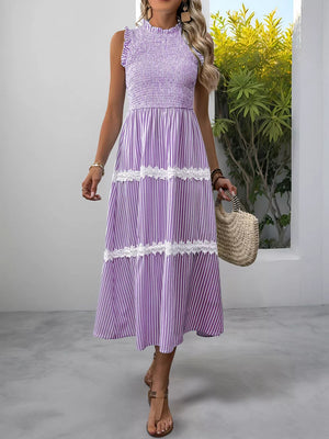 Purple striped midi dress with smocked bodice and lace trim detail