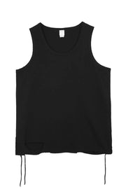 Black raw edge scoop neck tank top with distressed hem and drawstring details.