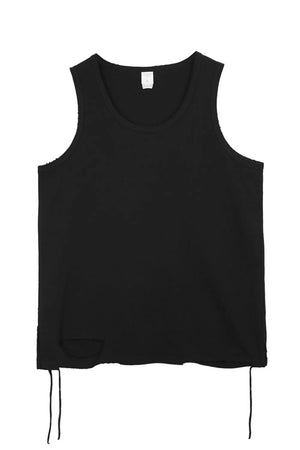 Black raw edge scoop neck tank top with distressed hem and drawstring details.