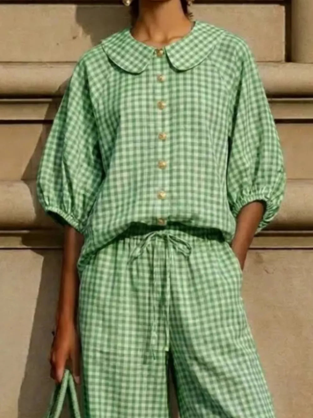 Full Size Plaid Button Up Shirt And Pants Set Plus Size, editorial view