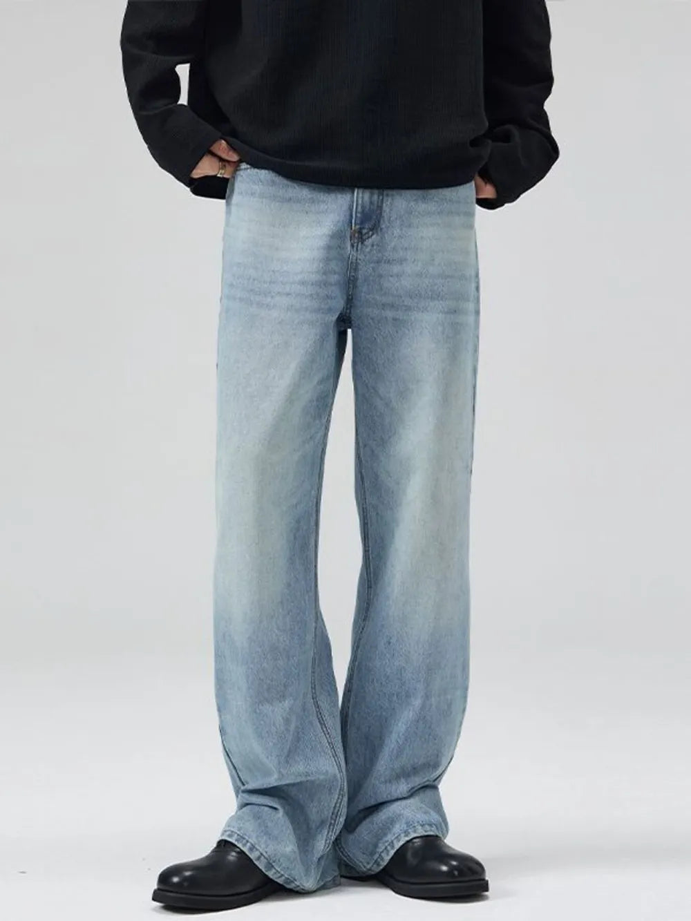 Men's Vintage Wash Flare Jeans Plus Size in Dark Gray, close-up detail