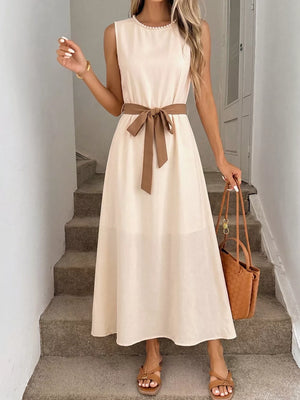 Cream A-line midi dress with pearl neckline and brown tie waist