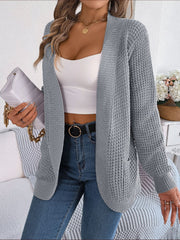 Textured knit open-front cocoon cardigan in charcoal with pockets and a relaxed fit.