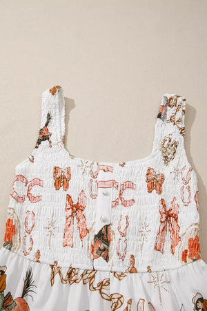 White cotton blend midi dress with cowboy-themed print, smocked bodice, and U-neck.