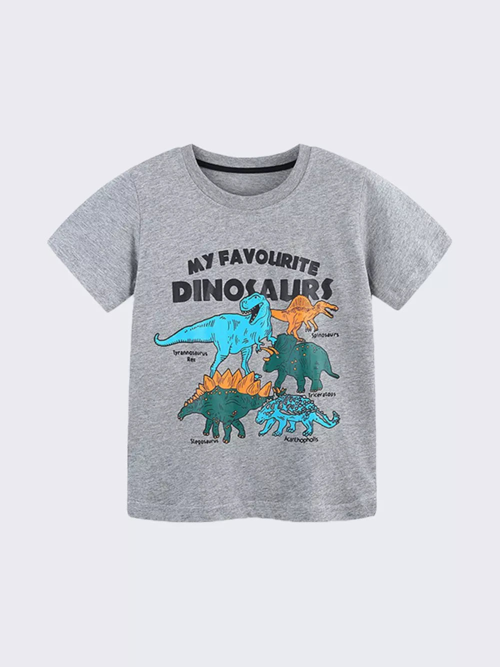Grey cotton t-shirt with "My Favourite Dinosaurs" graphic and illustrations of various dinosaurs.