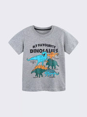 Grey cotton t-shirt with "My Favourite Dinosaurs" graphic and illustrations of various dinosaurs.