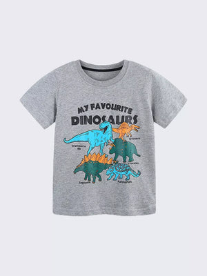 Grey cotton t-shirt with "My Favourite Dinosaurs" graphic and illustrations of various dinosaurs.