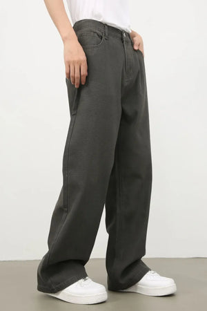 Dark gray wide-leg 100% cotton jeans with elasticated waistband and pockets.