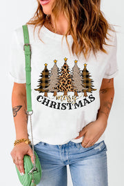 White graphic tee with textured Christmas trees and Merry Christmas text