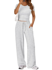 Gray round neck tee and relaxed drawstring pants set with pockets