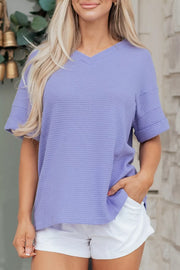 Relaxed V-neck waffle knit t-shirt in Blue Purple with cuffed short sleeves.