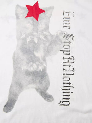Men's white cotton spandex t-shirt with a grey cat graphic wearing a red star and gothic text.