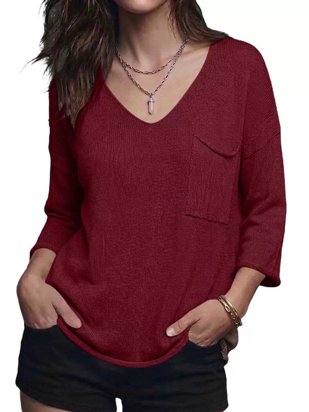 V-neck Chest Pocket Knit Top in Black, alternate angle