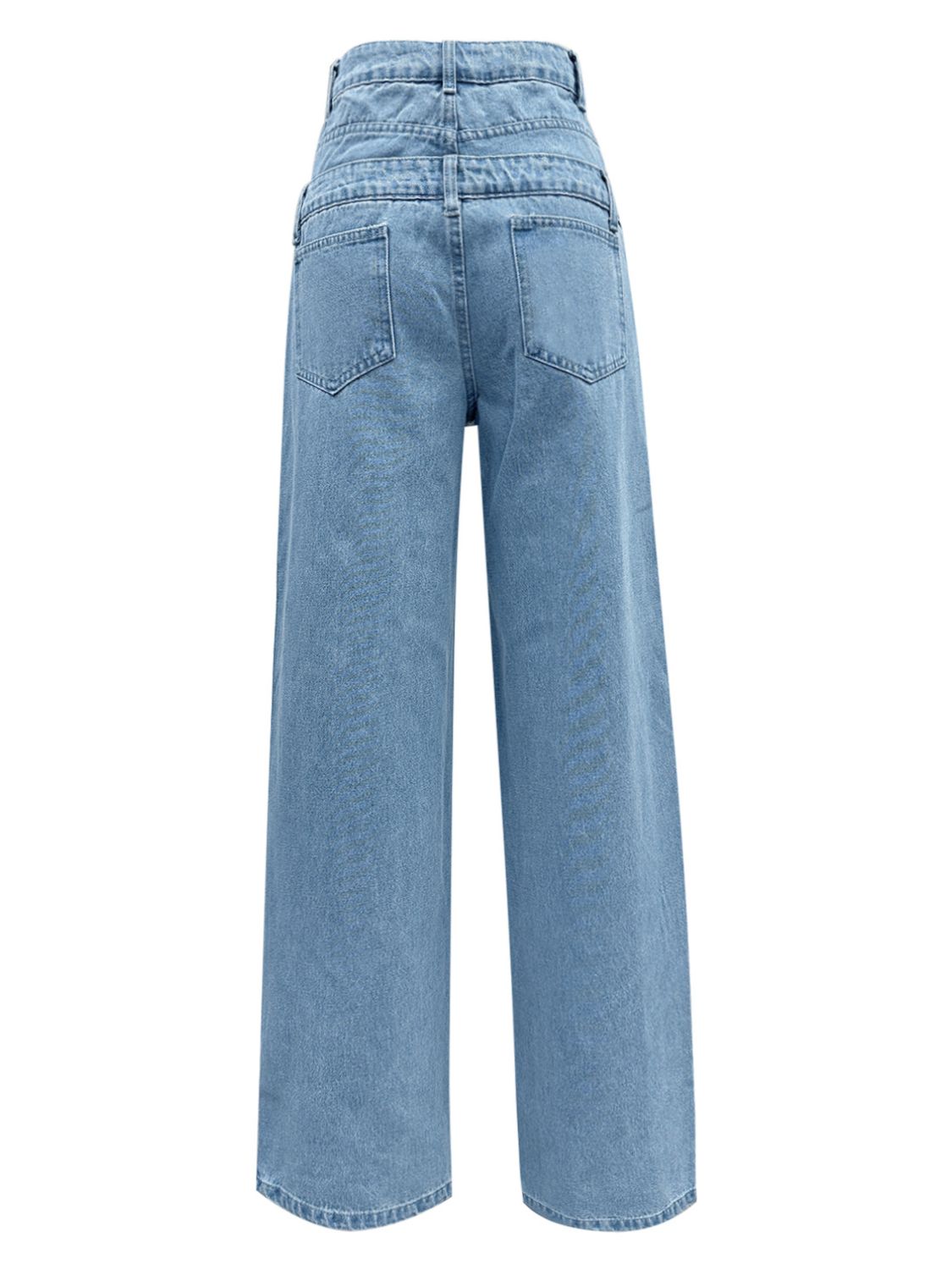 Light wash denim wide-leg trousers with double-waist detail and button closure.