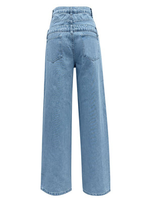 Light wash denim wide-leg trousers with double-waist detail and button closure.